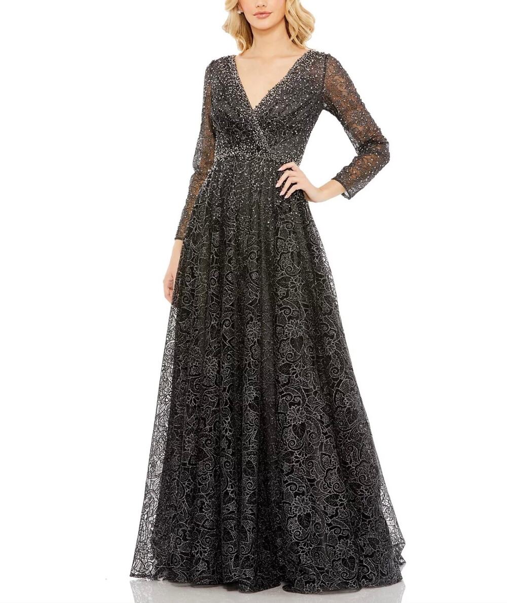 Mac Duggal 20372 Gray Evening Gown Beaded Lace Long Sleeve A-Line Dress Size 24